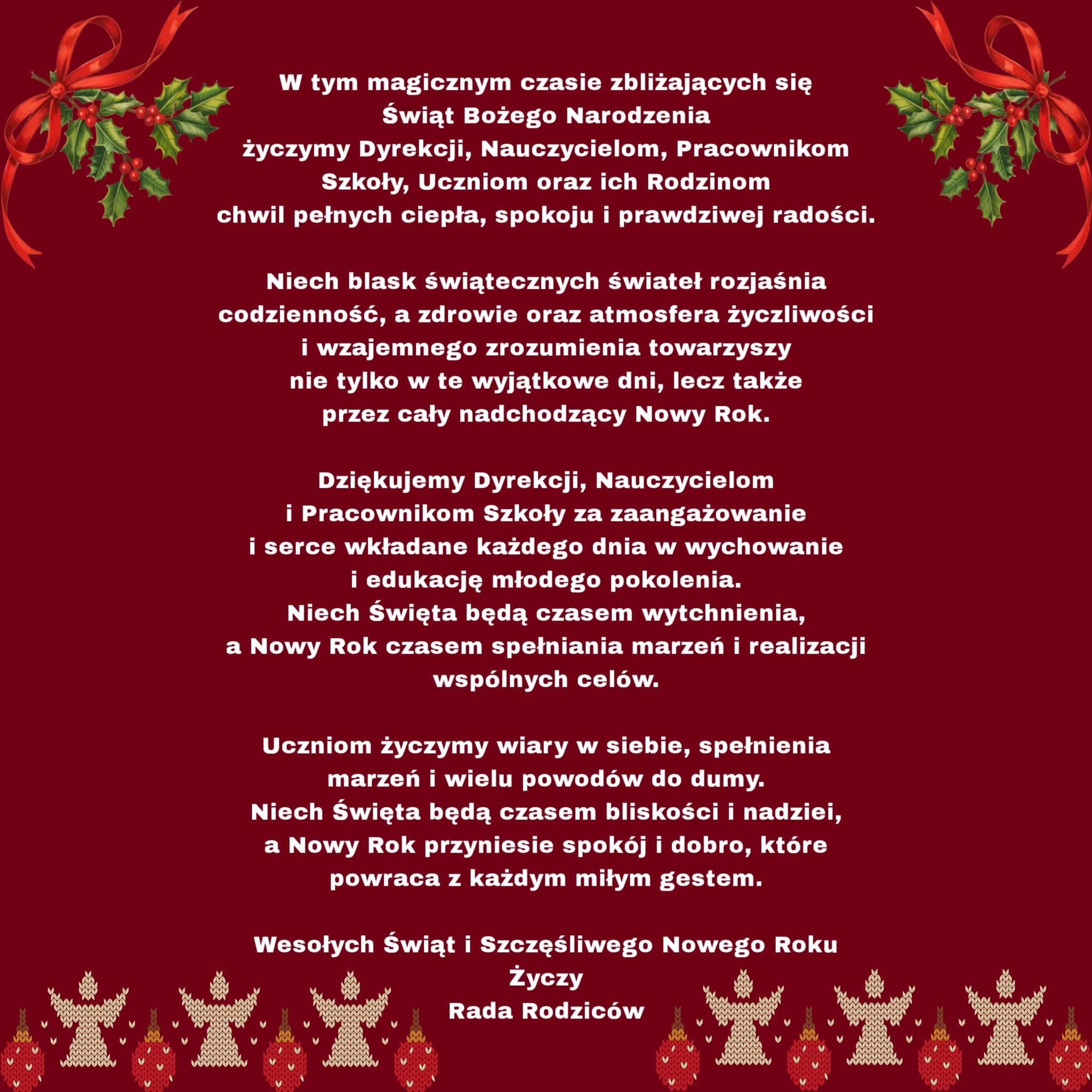 Życzenia świąteczno-noworoczne od Rady Rodziców